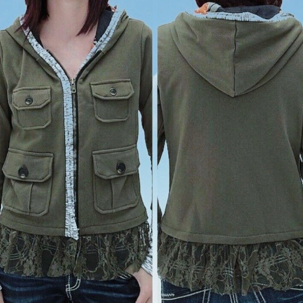 Scrapbook Utility Jacket Women Small Olive Green Lace Trim Floral Hood JPS74T